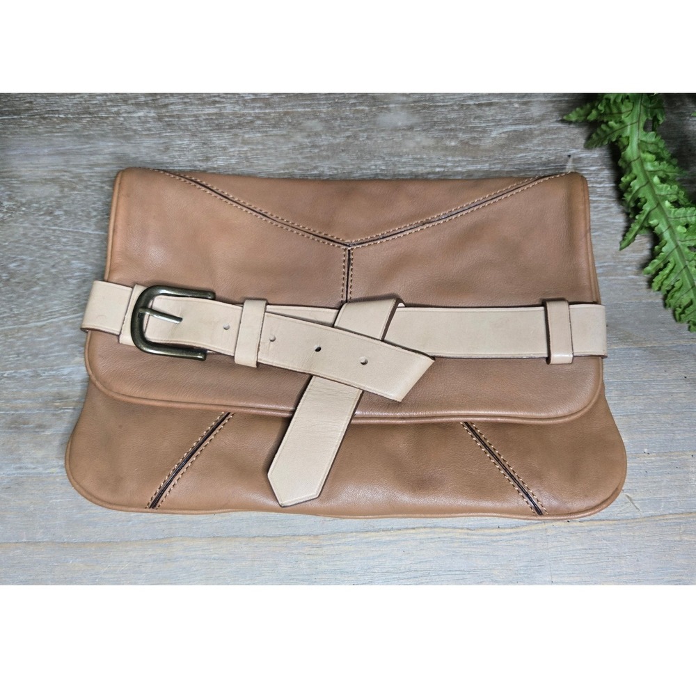 Ann Taylor Leather Belted Clutch Bag Brown Tan Y2K Oversized Buckle